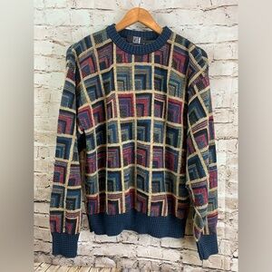 Vtg TSRI Y2K Men’s M Cosby Sweater Aron Blue Squares Geometric Multicolor